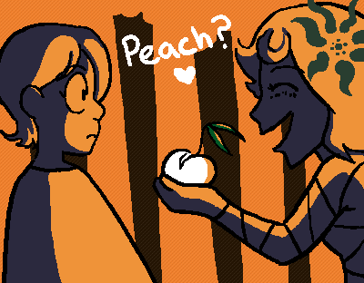 The being offers a peach.